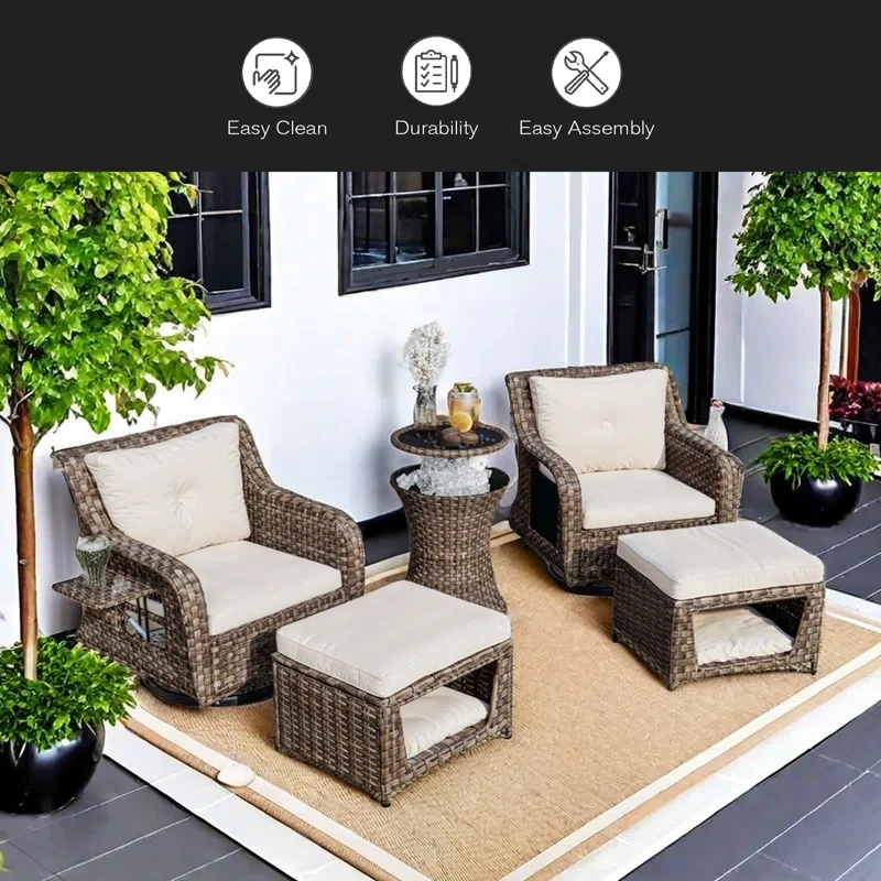 5 Pieces Outdoor Patio Furniture Set With Pet House Cool Bar And Retractable Side Tray, Rattan Wicker Patio Swivel Rocking Chairs Set Of 2 With Ottomans For Backyard, Porch, Balcony