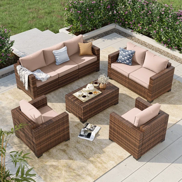 5-Pieces Wide Armrest Outdoor Sectional Rattan Conversation Set with Storage Table.