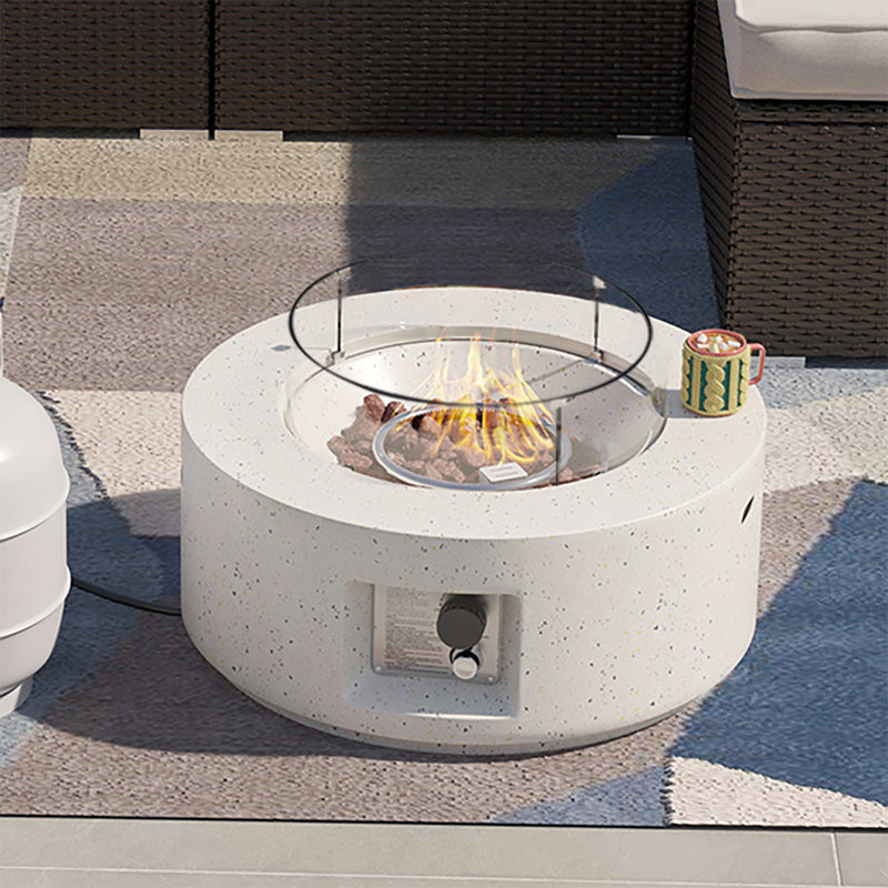 Wrought Studio™ Outdoor 28 Inch Propane Round Fire Pit Table W Wind Guard, 40,000 BTU Spotted White Patio Gas Fire Table W Lava Rocks, Waterproof Cover