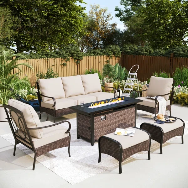 Arwand Outdoor Patio Conversation Set with Fire Pit Table & Optional Ottomans