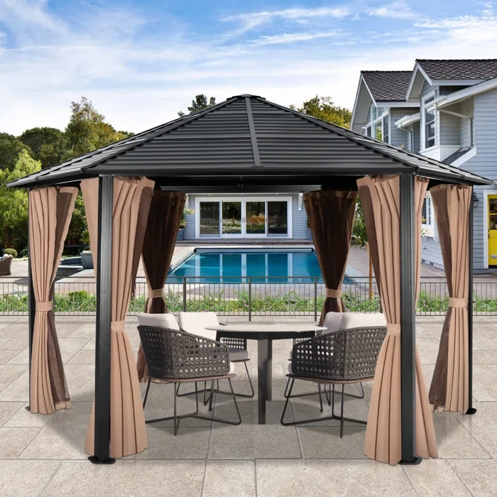 13. W x 13. D Aluminum Galvanized Hardtop Hexagonal Patio Gazebo with Netting & Curtains