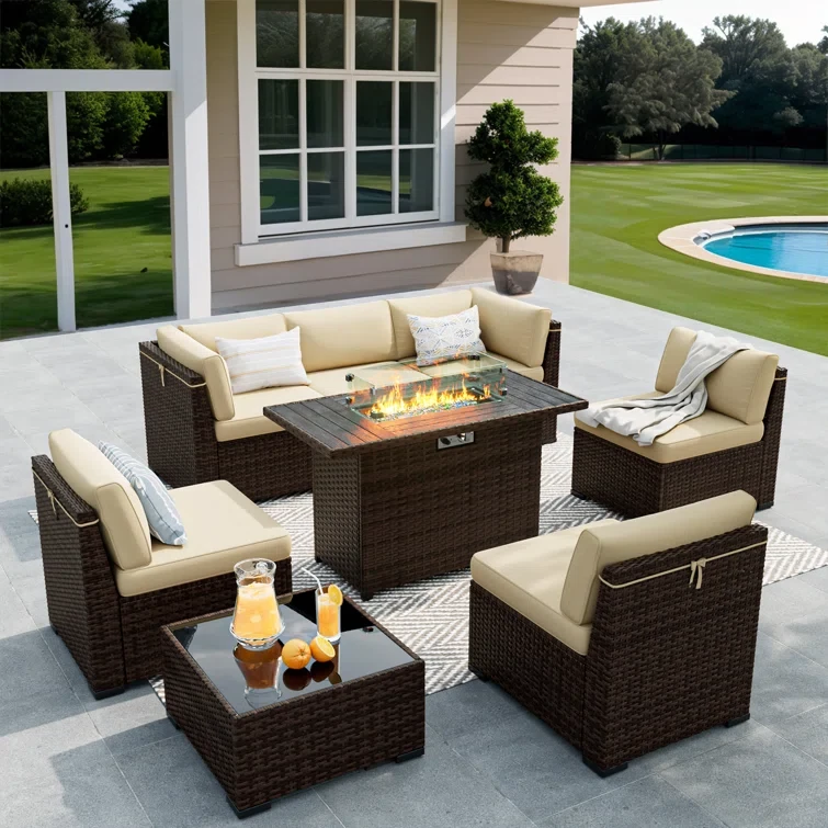 Modular Slanted Back Patio Furniture Sets & Sofa Cover with Firepit