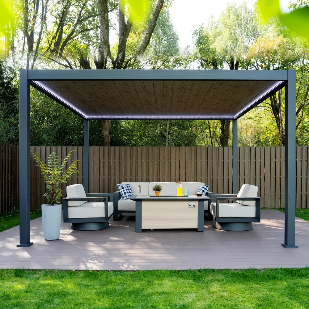 12 (ft) x 13 (ft) Aluminum Frame Pergola with Fixed Roof & LED Lights