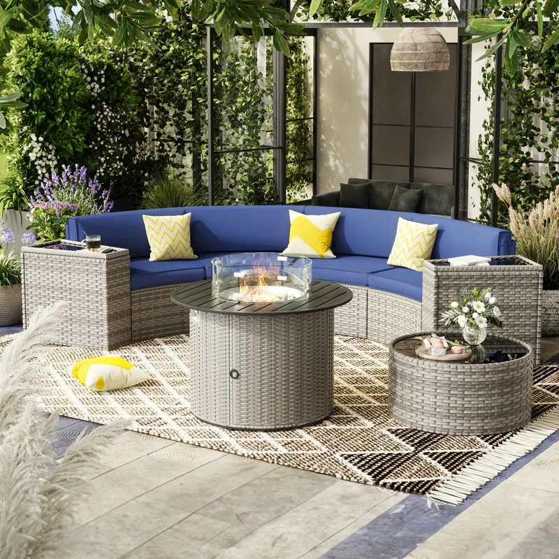 Half-Moon Patio Furniture Sets With Storage Table & Firepit