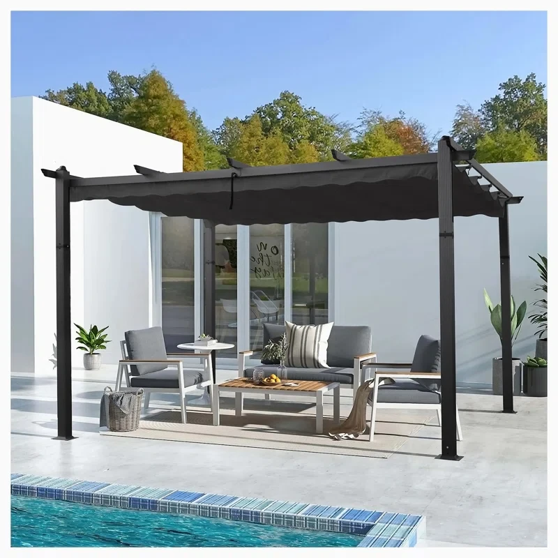 13x10ft Outdoor Patio Retractable Pergola with Canopy Sun Shelter