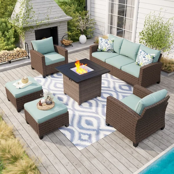 Argyri 6 Piece Rattan Outdoor Wicker Patio Conversation Furniture Set with Fire Pit Table