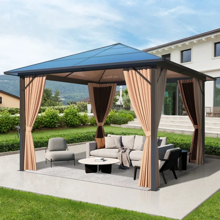 10 Ft. W X 10 Ft. D Outdoor Polycarbonate Hardtop Gazebo - Aluminum Frame With Breathable Nettings & Private Curtains