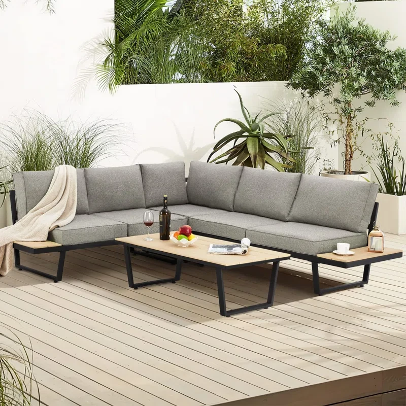 4-piece Outdoor Conversation Set With Polywood Slat-top Coffee Table, All-weather L-shaped Metal Patio Sectional Sofa Set With Gray Cushion And Built-in Side Table For Deck, Balcony, Garden