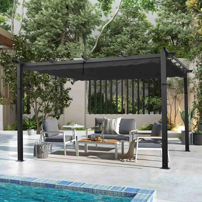 13x10 Ft Outdoor Patio Retractable Pergola With Canopy