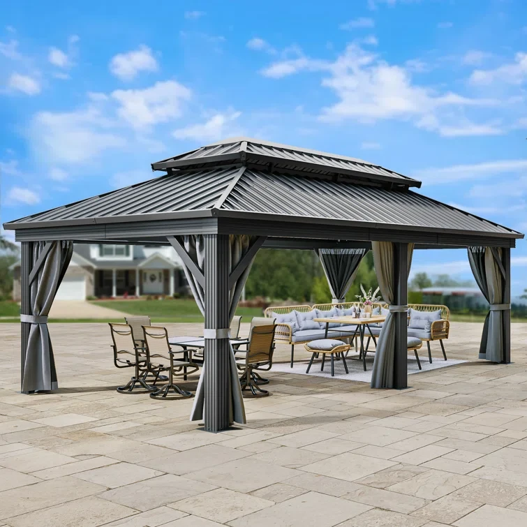 Outdoor Aluminum Hardtop Patio Gazebo with Curtain and Netting