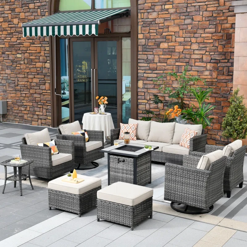 Harbin 7-Person Wicker/Rattan Patio Conversation Set With Cushions With Fire Pit