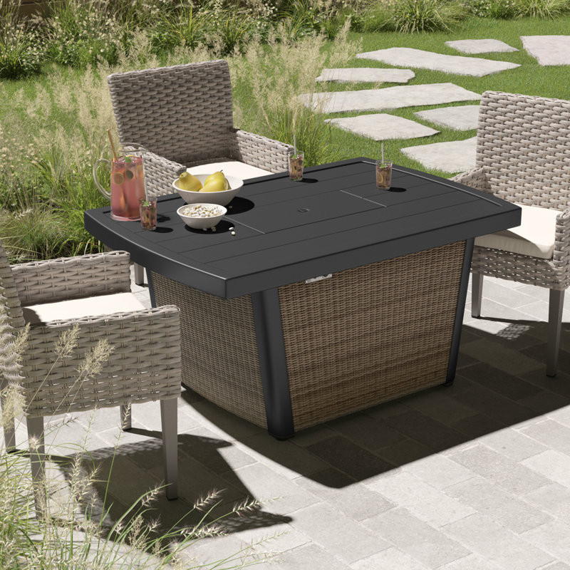 Baecher 24.61" H x 51.97" W Aluminum Outdoor Fire Pit Table with Wicker Base and Hidden Fuel Tank Storage