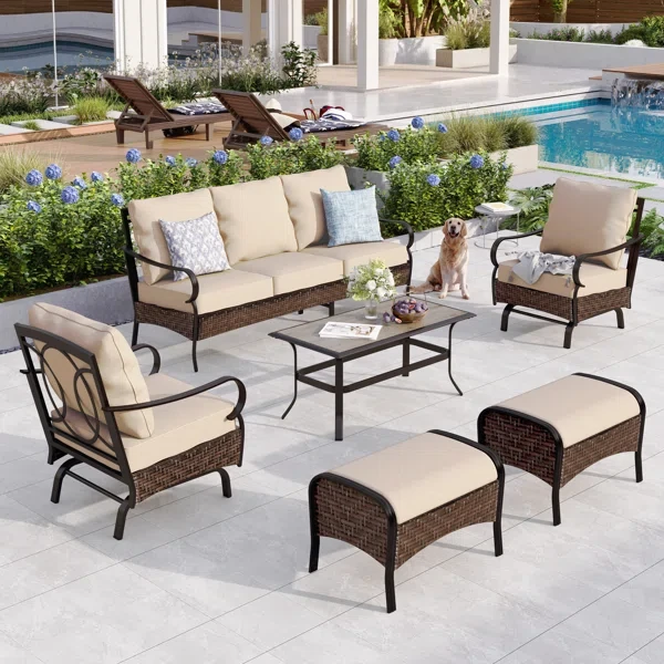 Argyri Outdoor Patio Conversation Set with Rocking Lounge Chairs and Optional Ottomans