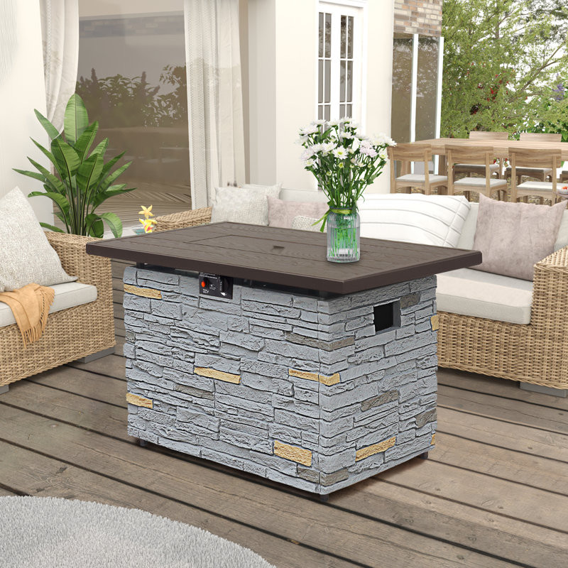 43 Inch Propane Gas Fire Pit Table, Outdoor 5,000 BTU Rectangular Fire Pit With Glass Wind Guard, Glass Rocks and Lid