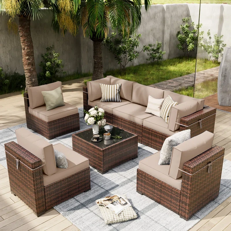 7 Piece Rattan Sectional Seating Group with Cushions