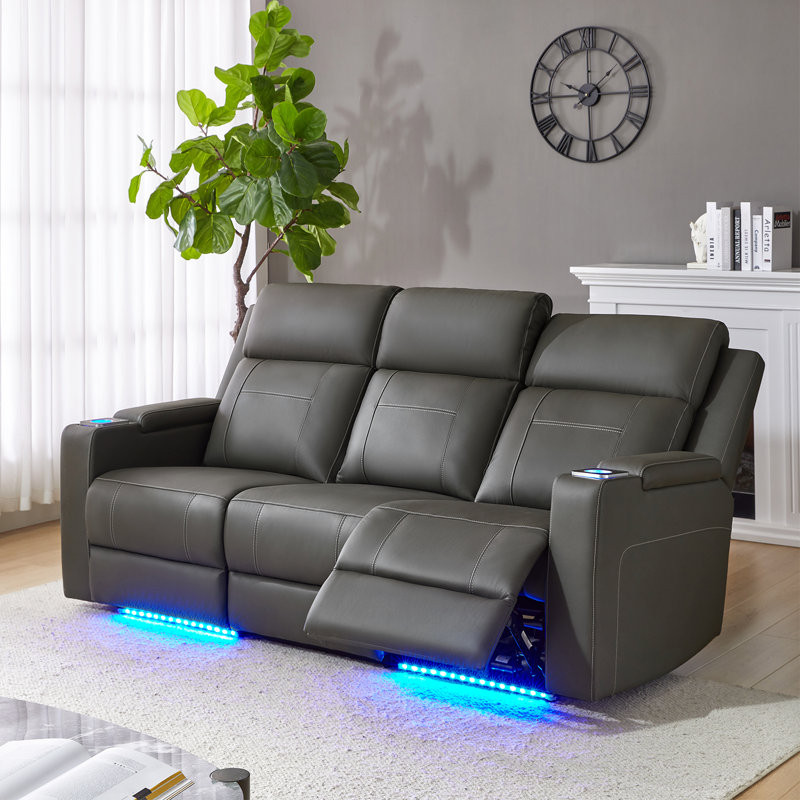 Altovise 81.5" Wide Genuine Leather Home Theater Sofa with Cup Holder and Storage