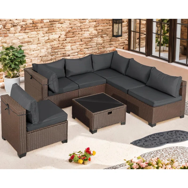 Outdoor 7 Pieces Wicker Patio Sectional Sofa Conversation Set with Cushions and Storage