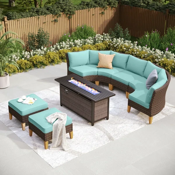 Argyri 7 Piece Wicker Outdoor Patio Conversation Furniture Sectional Set with Fire Pit Table