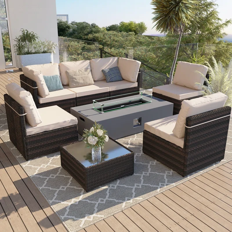 9 Piece Rattan Sectional Seating Group with Cushions