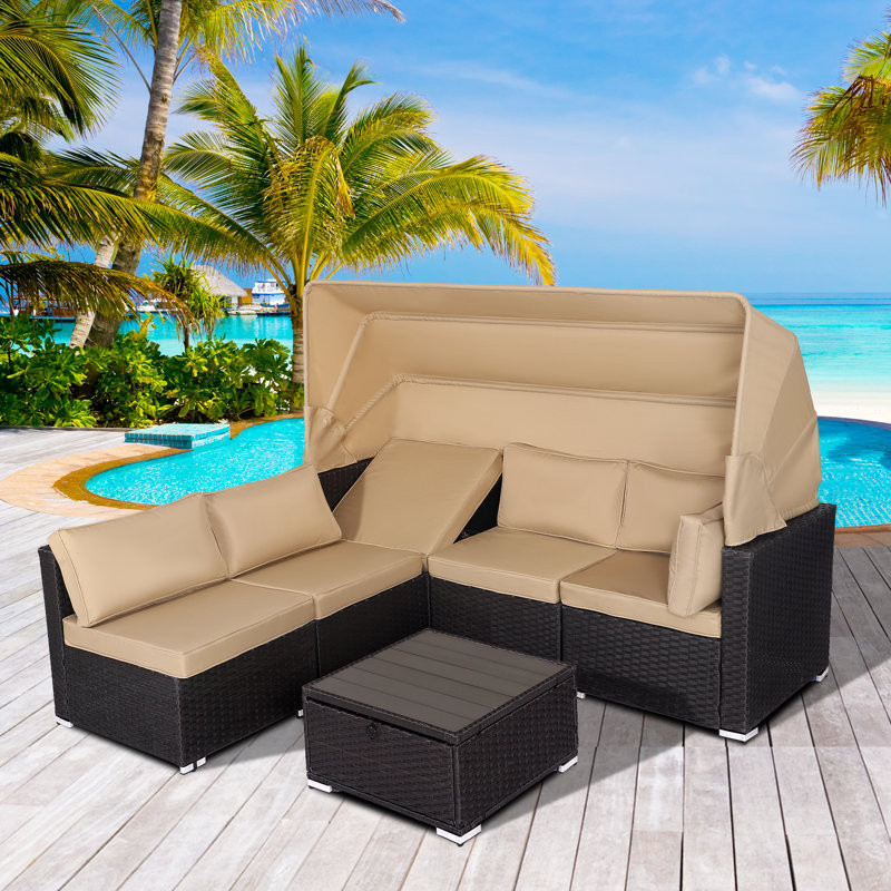 6 Pieces Wicker Outdoor Sectional Sofa Set with Retractable Canopy and Storage Table