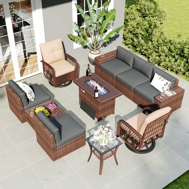 7 - Person Outdoor Seating Group With Fireplace Table