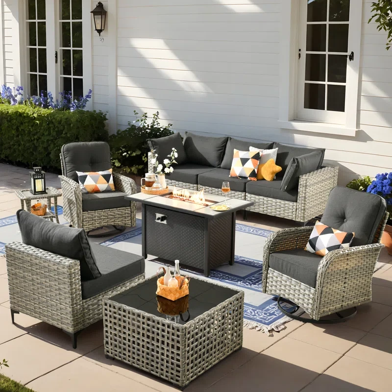 6 Seats High Quality Pe Rattan Outdoor Furniture Sofa With Rocking Chair And Stove, Can Be Freely Combined