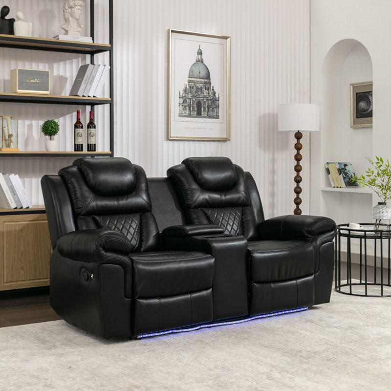 Home Theater Seating Manual Recliner Loveseat With Hide-Away Storage, Cup Holders And LED Light Strip For Living Room