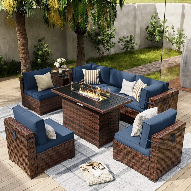 Romanas 8 Piece Patio Conversation Sets With Fire Pit Table