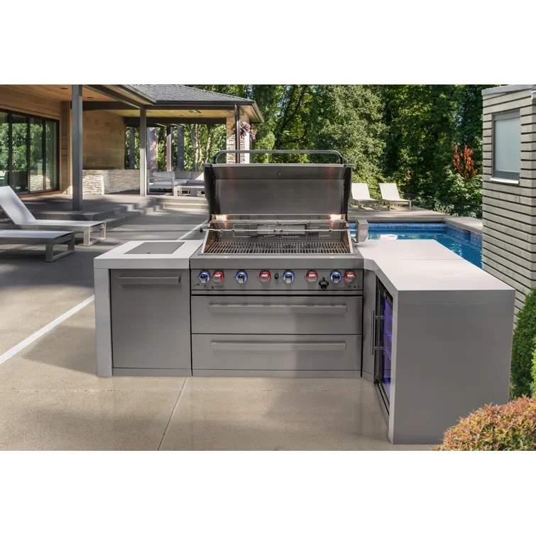 Mont Alpi 44-inch 6-Burner 90 Degree Deluxe Stainless Steel BBQ Island Grill + Compact Refrigerator