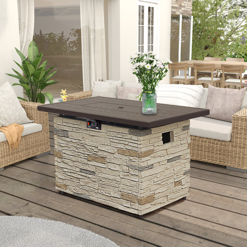 43 Inch Propane Gas Fire Pit Table, Outdoor 5,000 BTU Rectangular Fire Pit With Glass Wind Guard, Glass Rocks and Lid