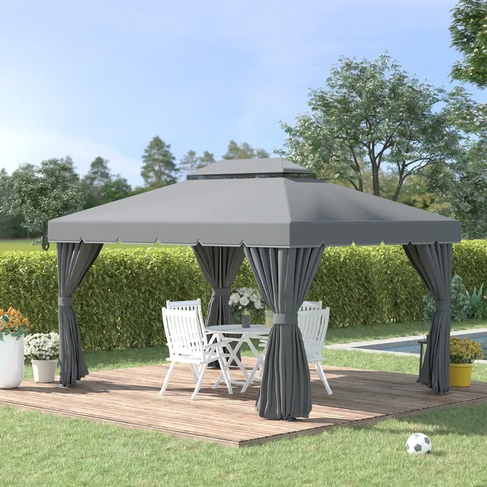 Outsunny 13 X 10 Outdoor Patio Gazebo Canopy With 2-Tier Polyester Roof, Vented Mesh Sidewall & Strong Aluminum Frame, Dark Grey