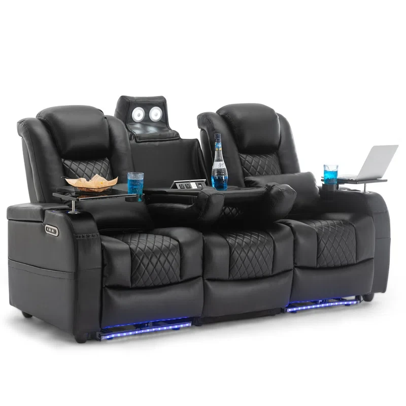 Home Theater Seating Seats, Movie Theater Chairs Theater Recliner With 7 Colors Ambient Lighting, Lumbar Pillow, Touch Reading Lights, Tray Table (black, Row Of 3)