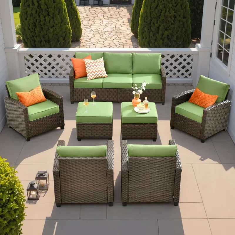 Patio Furniture Set With Firepit Table, 8 Pieces Outdoor Wicker Rattan Sofa Couch With 4 Chairs, Ottomans And Comfy Cushions, All Weather High Back Conversation Set Garden Backyard