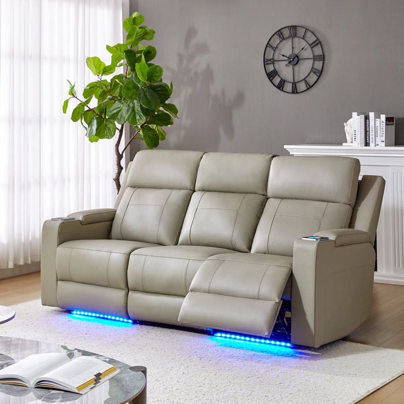Altovise 81.5" Wide Genuine Leather Home Theater Sofa with Cup Holder and Storage