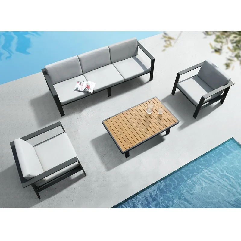 4 Pieces Outdoor Five-Seater Conversation Sets With Grey Cushions