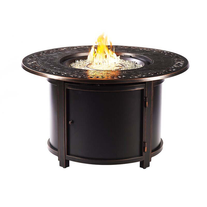 Heredia Round 44 In. X 44 In. Aluminum Propane Fire Pit Table With Glass Beads, Two Covers, Lid, 55,000 Btus In Grey Finish