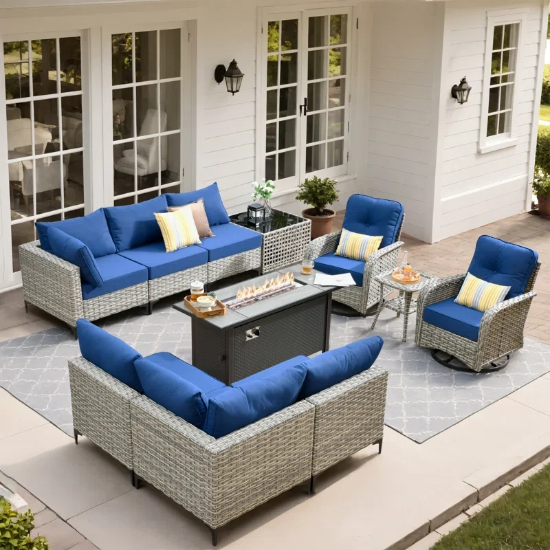 10 Piece Patio Furniture With Fire Pit Table, Outdoor Rattan Wicker Conversation Set With Glowing Coffee Table, Comfy Sectional Sofa Set With Swivel Rocking Chairs For Porch Balcony Backyard Pool