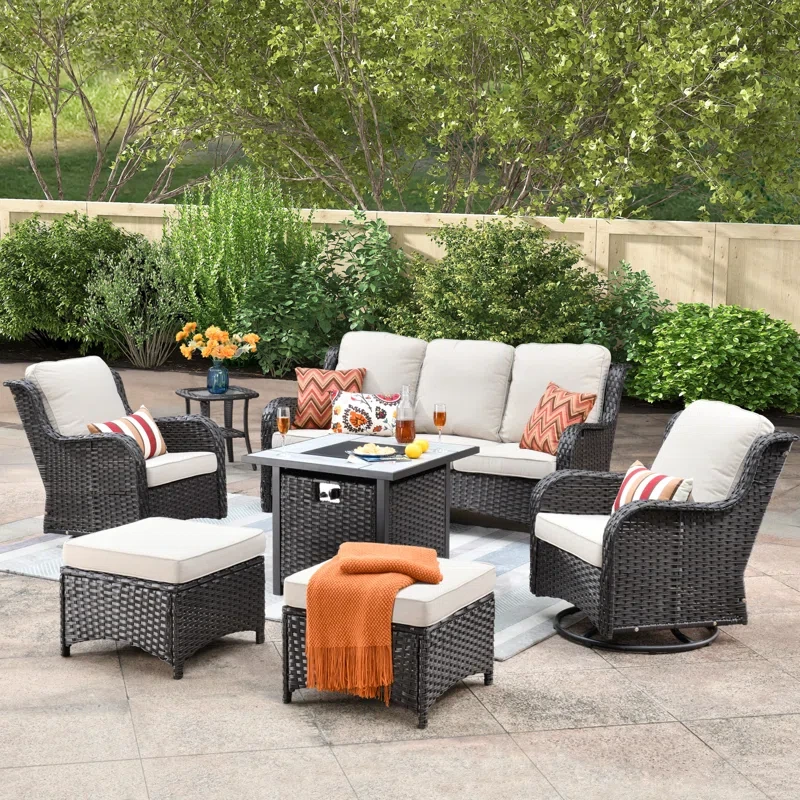 7 Piece Rattan Sofa Seating Group with Fire Pit and Cushions