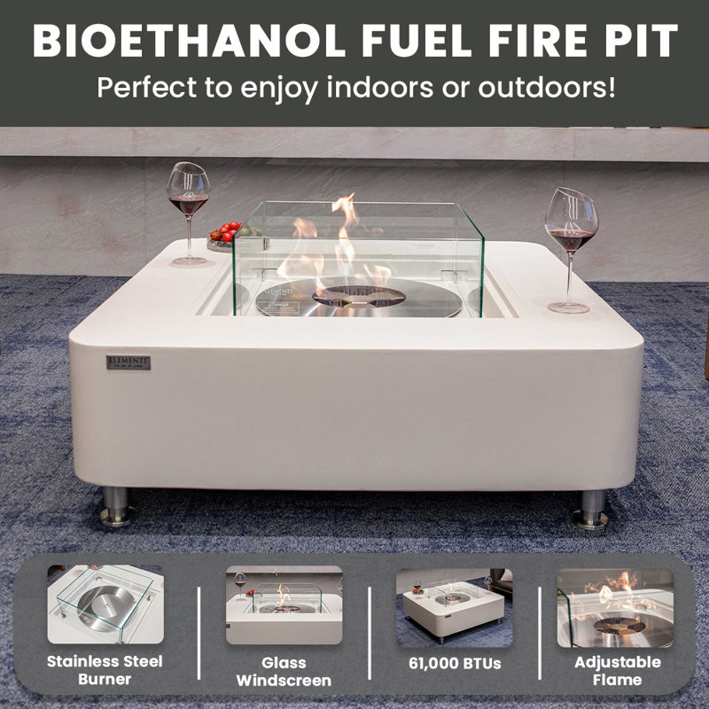 Envelor 14'' H x 40'' W Concrete Bio-ethanol Fuel Outdoor Fire Pit Table with Windscreen and Lid