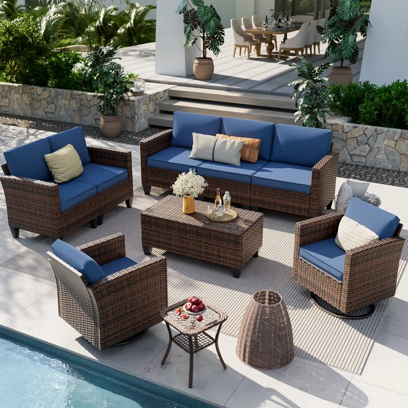 6 Piece Outdoor Wicker Sofa With Swivel Rocking Chairs