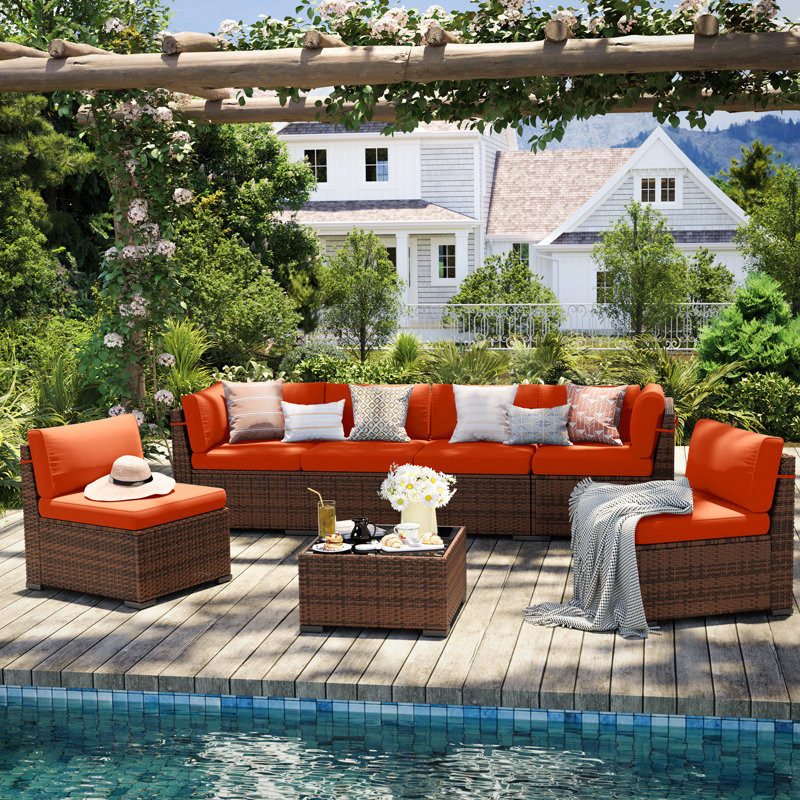 6 Person Rattan Sectional Seating Group With Cushions