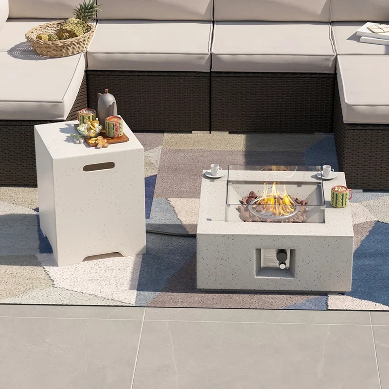 Wrought Studio™ Outdoor 28 Inch Propane Fire Pit Table, Square Concrete Fire Table, Wind Guard W Tank Cover, 40,000 BTU Spotted White Patio Gas Fire Table W Lava Rocks, Waterproof Cover