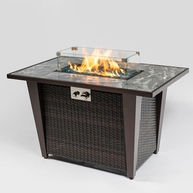 Fire Pit Table with Tile Tabletop, Glass Wind Guard and Rain cover, Lid