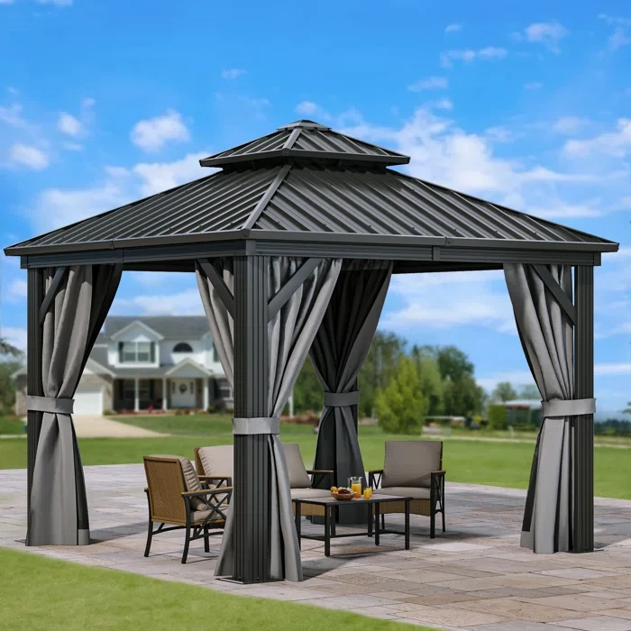 10 ft x 10 ft Outdoor Aluminum Hardtop Patio Gazebo with Curtain and Netting