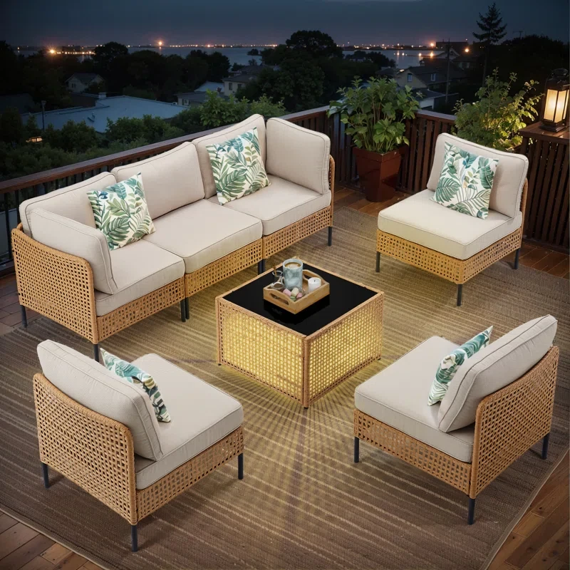 Latitude Run® 7 Pieces Outdoor Sectional Wicker Patio Furniture Set, Outdoor Modular Combination Sofa With Cushions & Glass Table, All-Weather PE Rattan Patio Sectional Sofa Set For Porch, Backyard, G