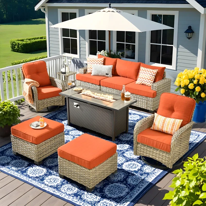 9 Piece Sofa Seating Group With Fire Pit And Cushions