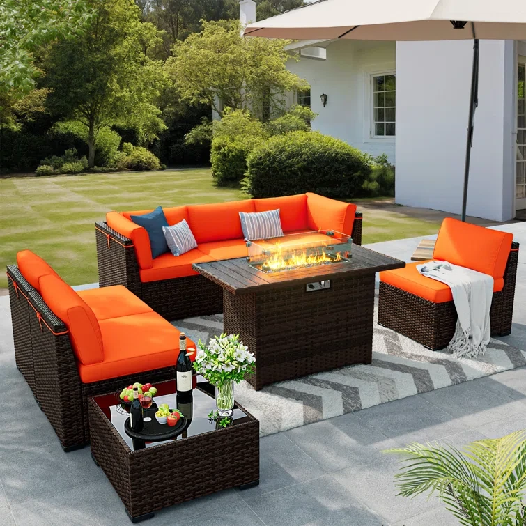 Modular Slanted Back Patio Furniture Sets & Sofa Cover with Firepit