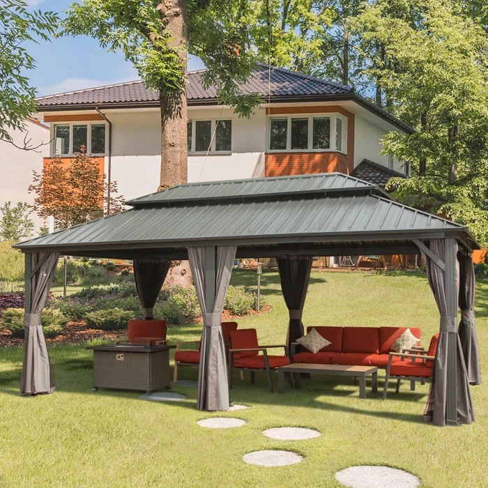 20 Ft. D X 12 Ft. W Galvanized Steel Patio Gazebo With Overhang Slope-design Double Roof