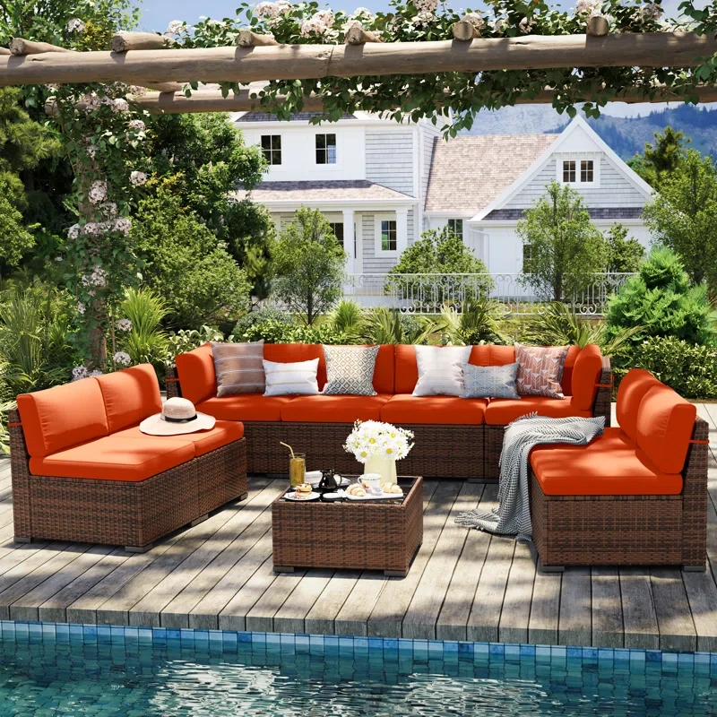 8 Person Rattan Sectional Seating Group With Cushions