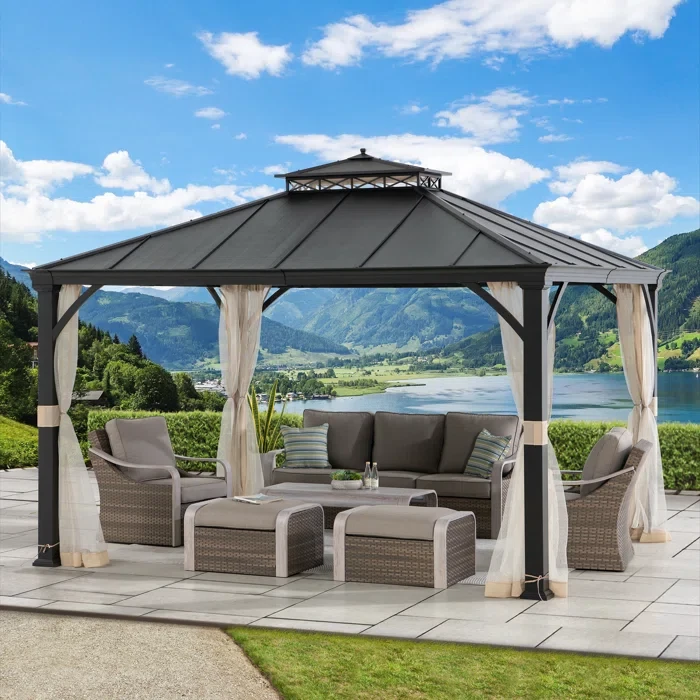 Sunjoy Outdoor Patio 11x13 Black 2-Tier Hardtop Gazebo with Netting